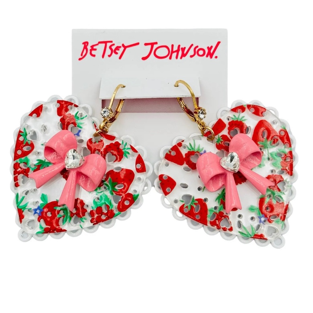 Betsey Johnson Heart Lace Pink Bow Earrings